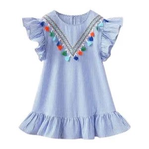 Baby Girls Tassel Flying Sleeve Dresses Stripe Cotton