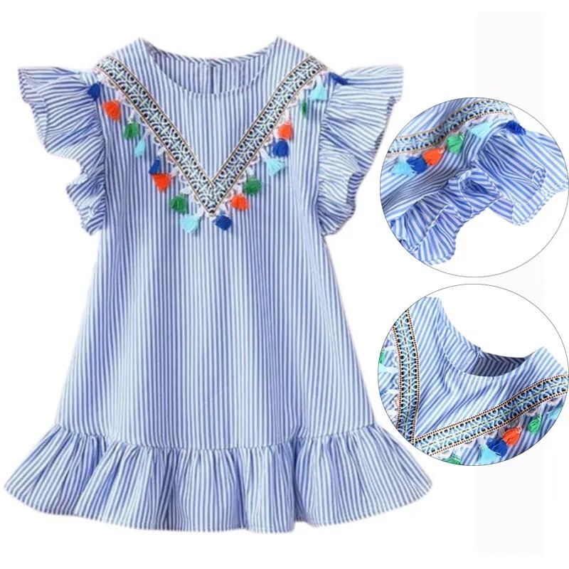 Baby Girls Tassel Flying Sleeve Dresses Stripe Cotton