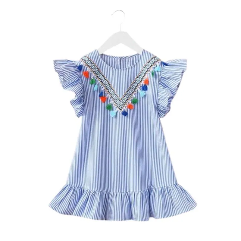 Baby Girls Tassel Flying Sleeve Dresses Stripe Cotton