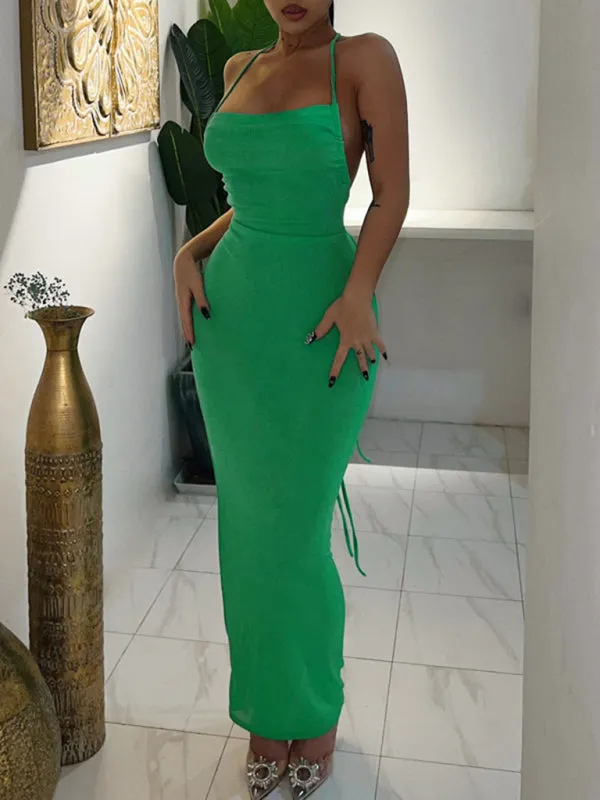 Backless Maxi Dress with Halter Neck and Strappy Detail
