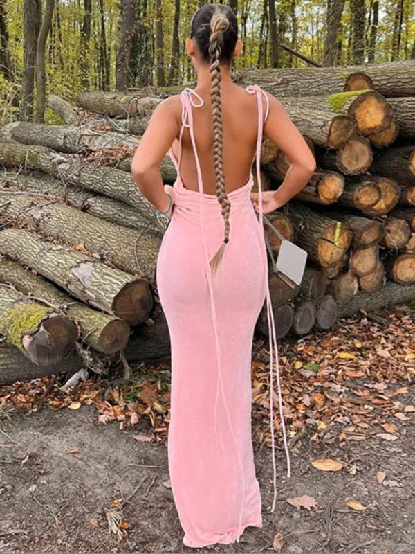 Backless Maxi Dress with Halter Neck and Strappy Detail