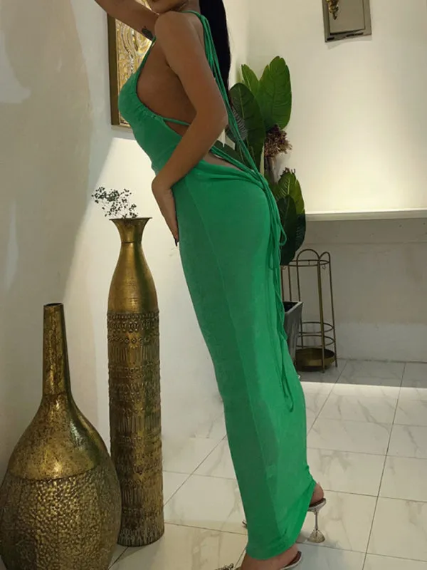 Backless Maxi Dress with Halter Neck and Strappy Detail