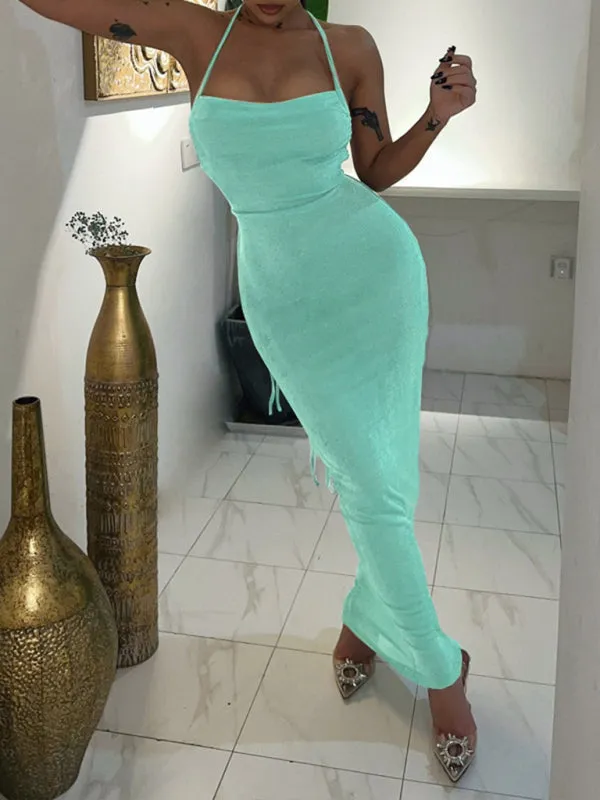 Backless Maxi Dress with Halter Neck and Strappy Detail