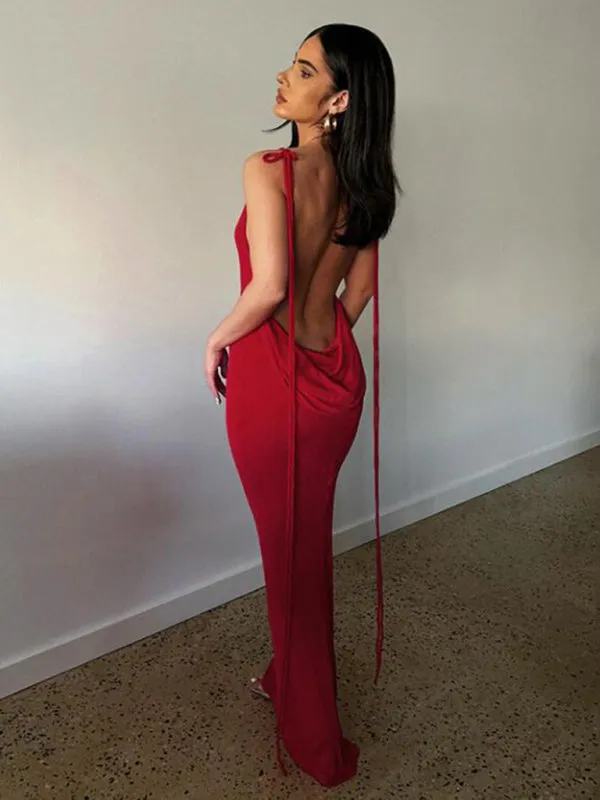 Backless Maxi Dress with Halter Neck and Strappy Detail