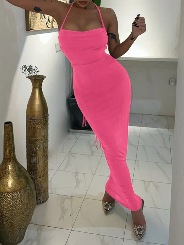 Backless Maxi Dress with Halter Neck and Strappy Detail