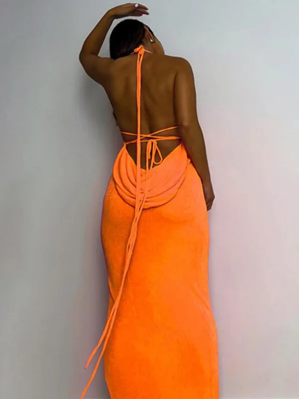Backless Maxi Dress with Halter Neck and Strappy Detail