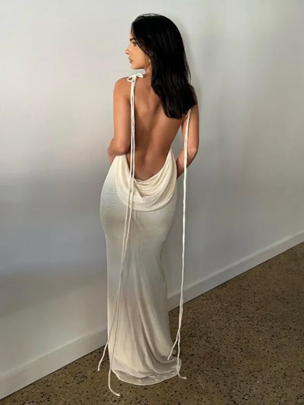 Backless Maxi Dress with Halter Neck and Strappy Detail