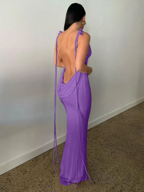 Backless Maxi Dress with Halter Neck and Strappy Detail