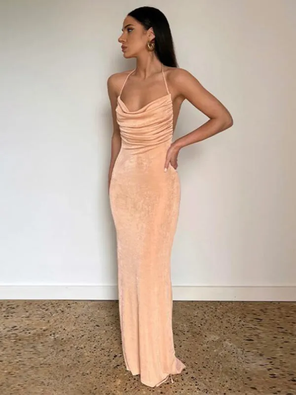 Backless Maxi Dress with Halter Neck and Strappy Detail