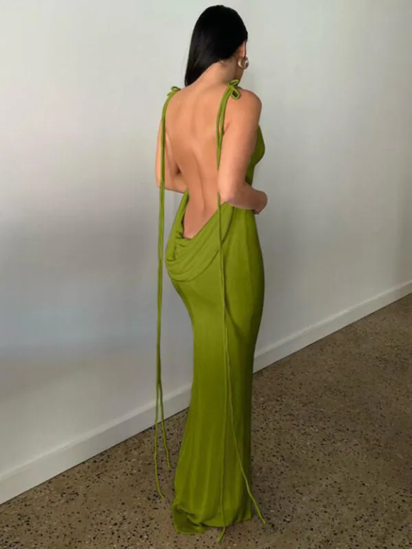 Backless Maxi Dress with Halter Neck and Strappy Detail