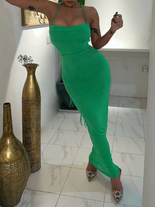 Backless Maxi Dress with Halter Neck and Strappy Detail