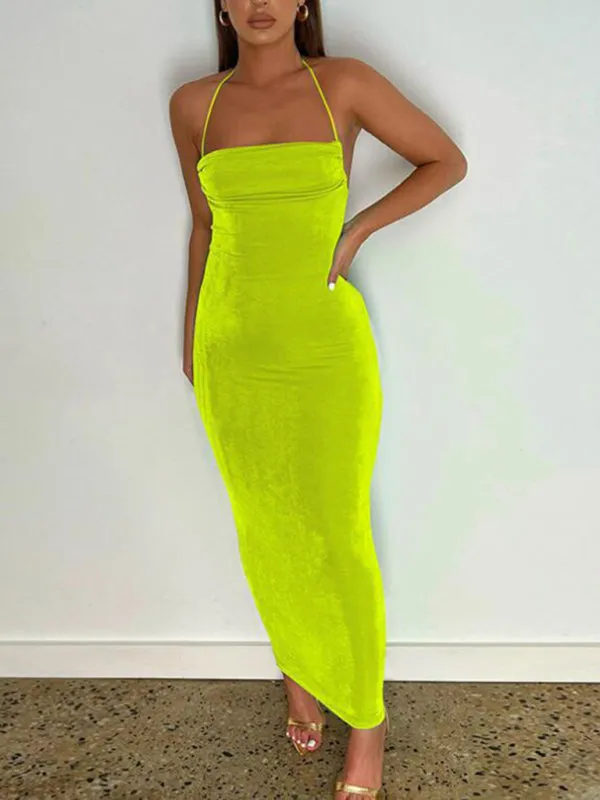 Backless Maxi Dress with Halter Neck and Strappy Detail