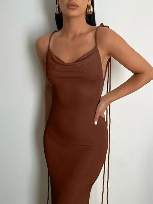 Backless Maxi Dress with Halter Neck and Strappy Detail