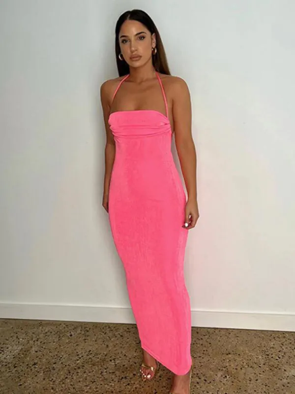 Backless Maxi Dress with Halter Neck and Strappy Detail
