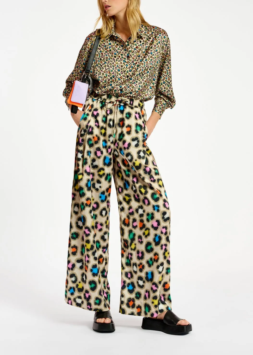 Beige sequin-embroidered shirt with multicolor leopard print