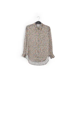 Beige sequin-embroidered shirt with multicolor leopard print