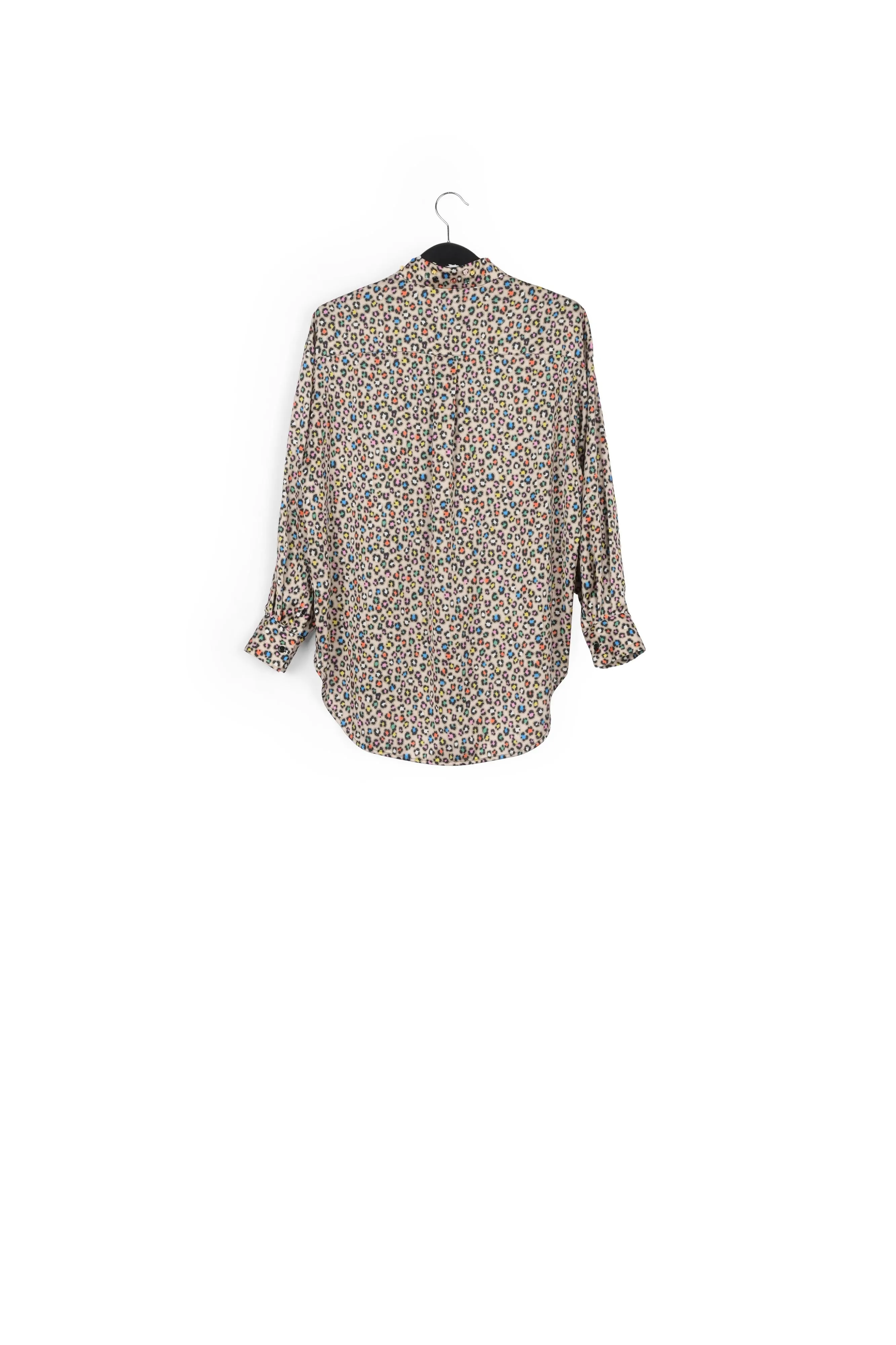 Beige sequin-embroidered shirt with multicolor leopard print
