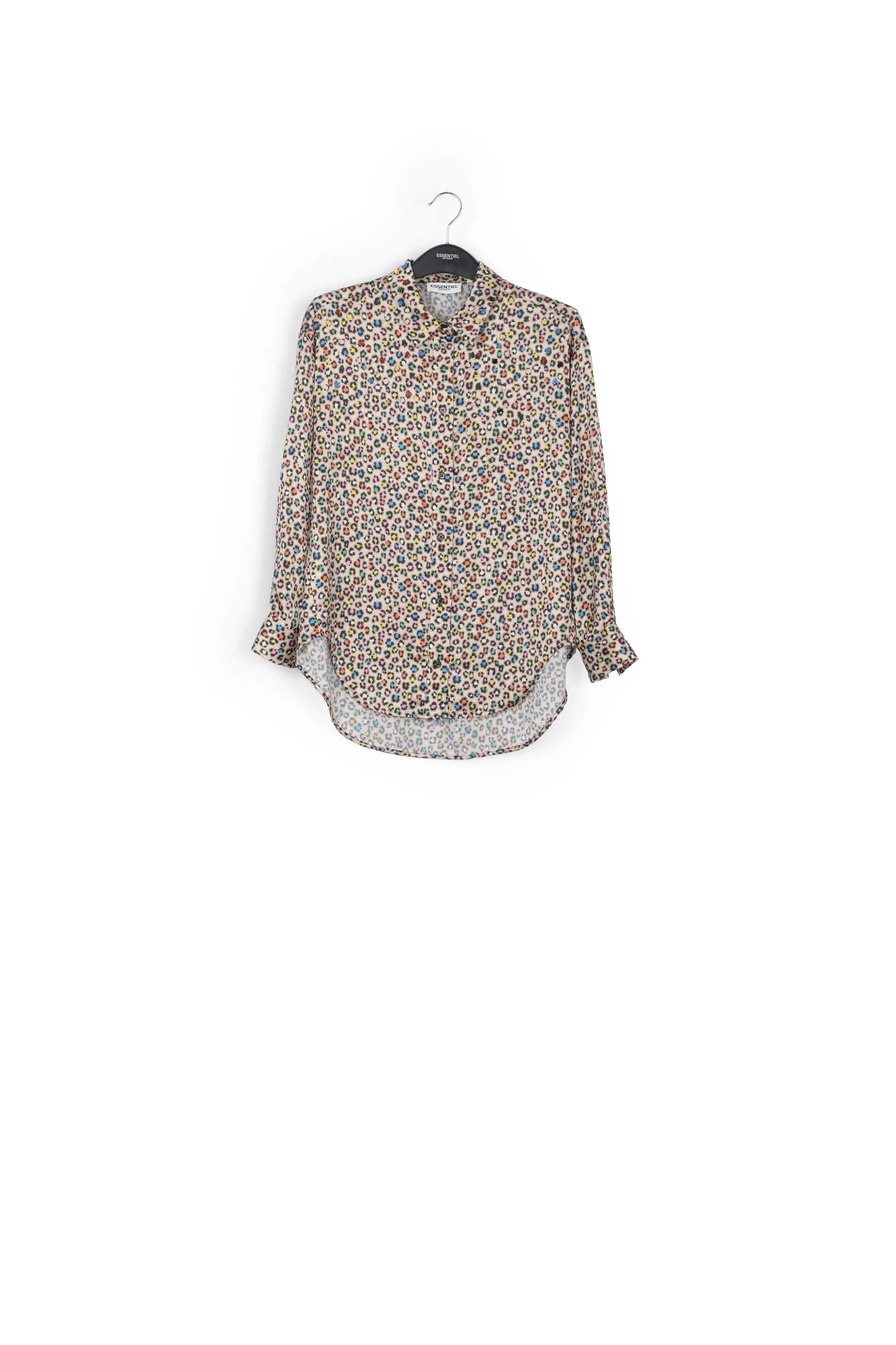 Beige sequin-embroidered shirt with multicolor leopard print