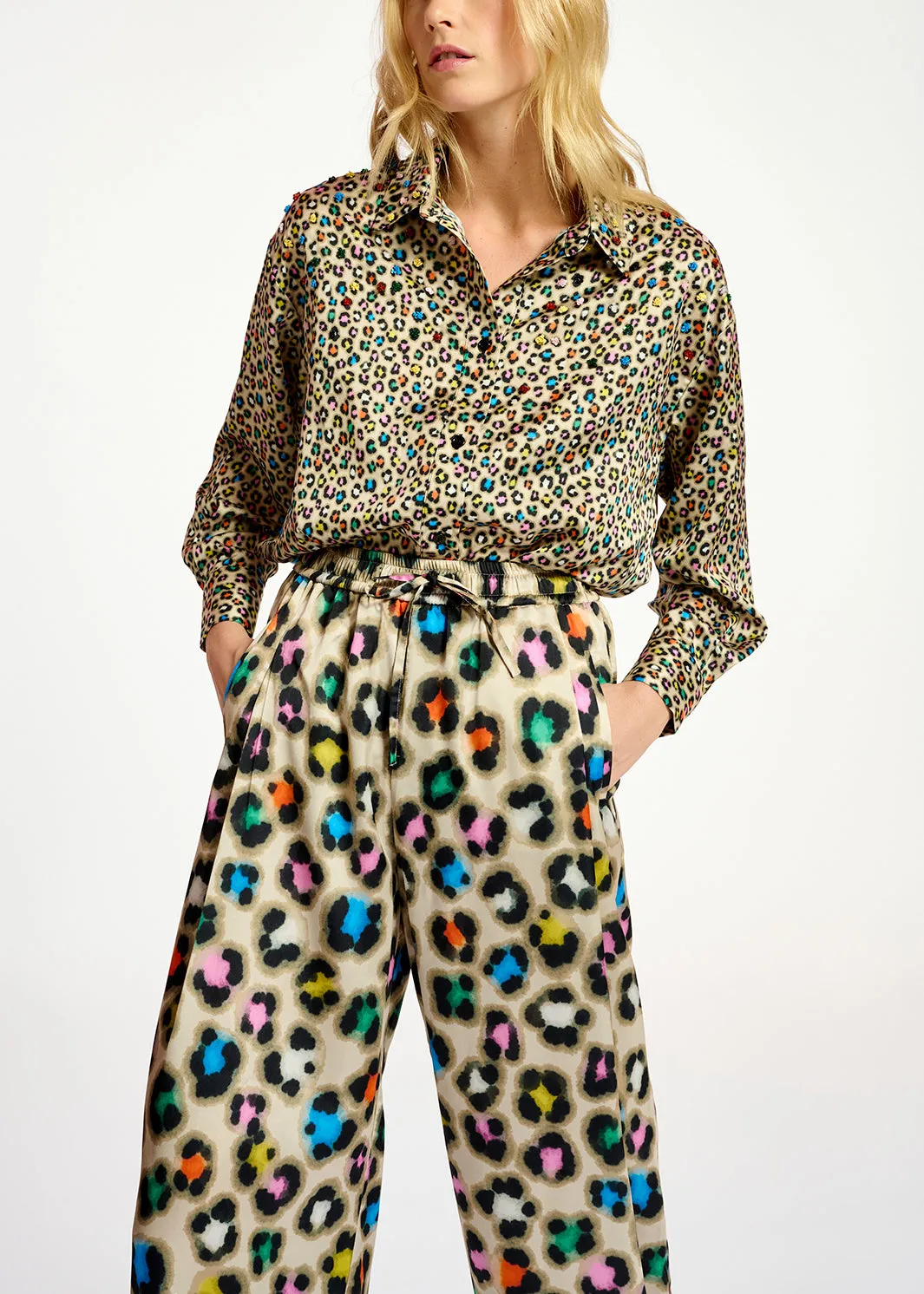 Beige sequin-embroidered shirt with multicolor leopard print