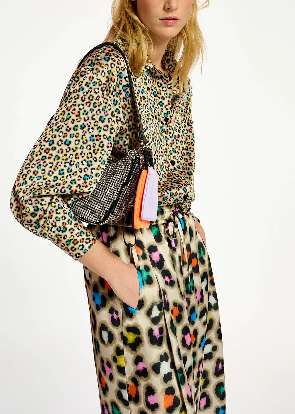 Beige sequin-embroidered shirt with multicolor leopard print