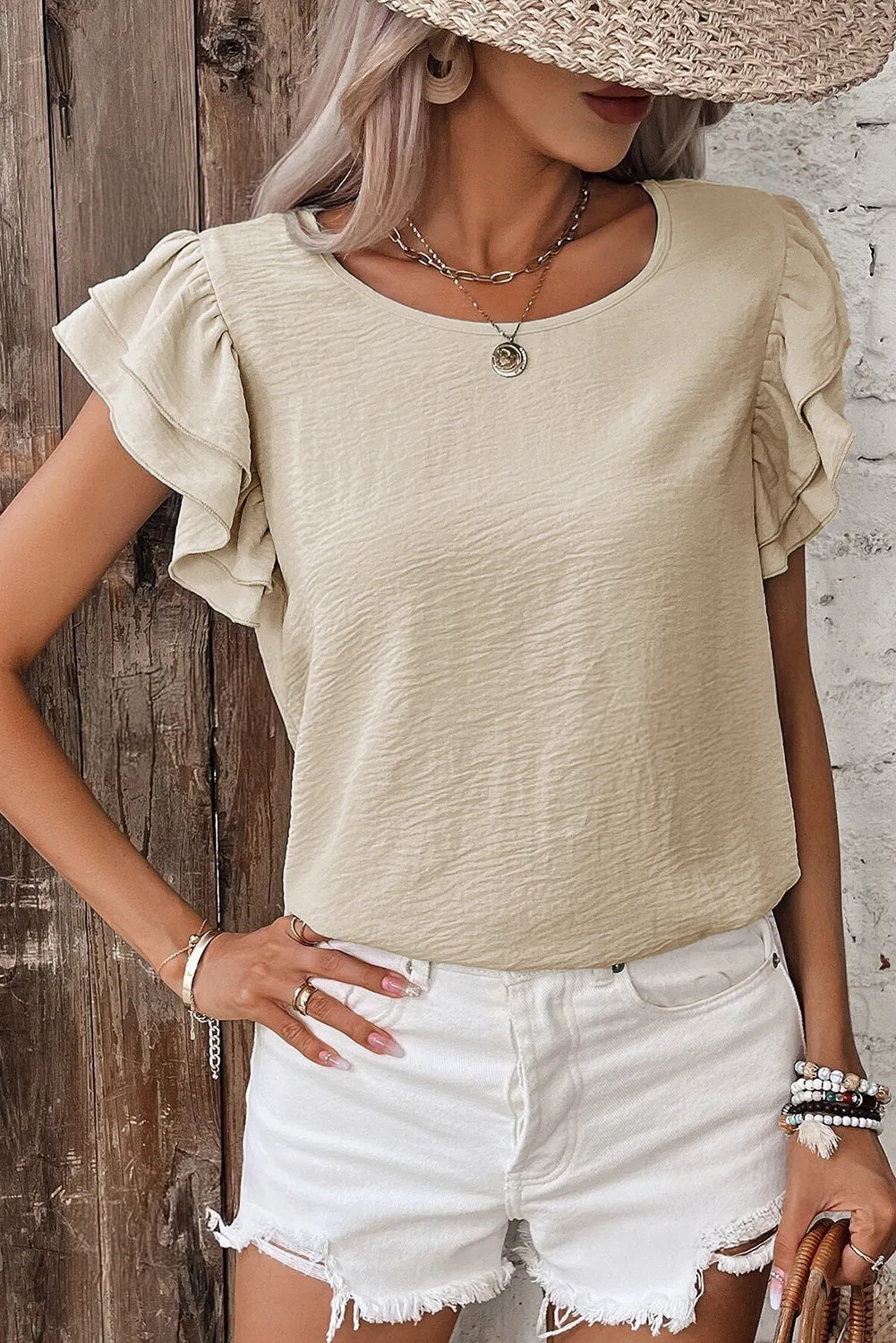 Beige Solid Color Ruffled Short Sleeve Casual Blouse