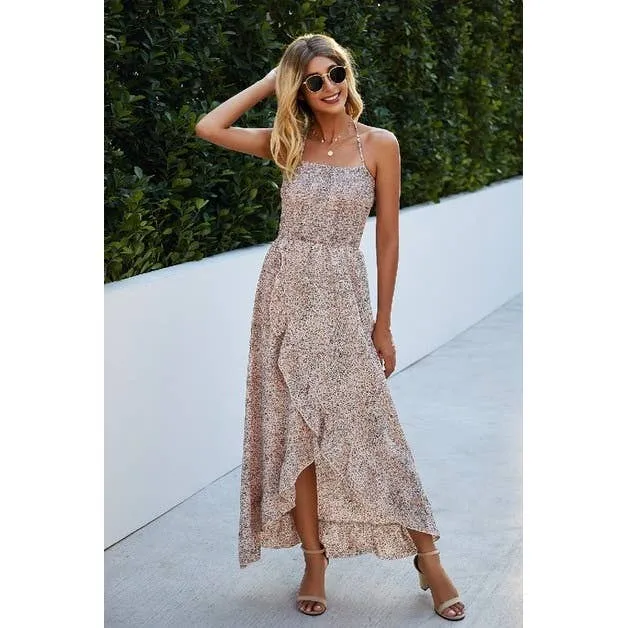 Beige Spaghetti Strap Polka Dot Dress