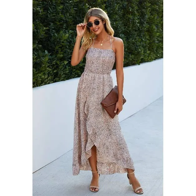Beige Spaghetti Strap Polka Dot Dress