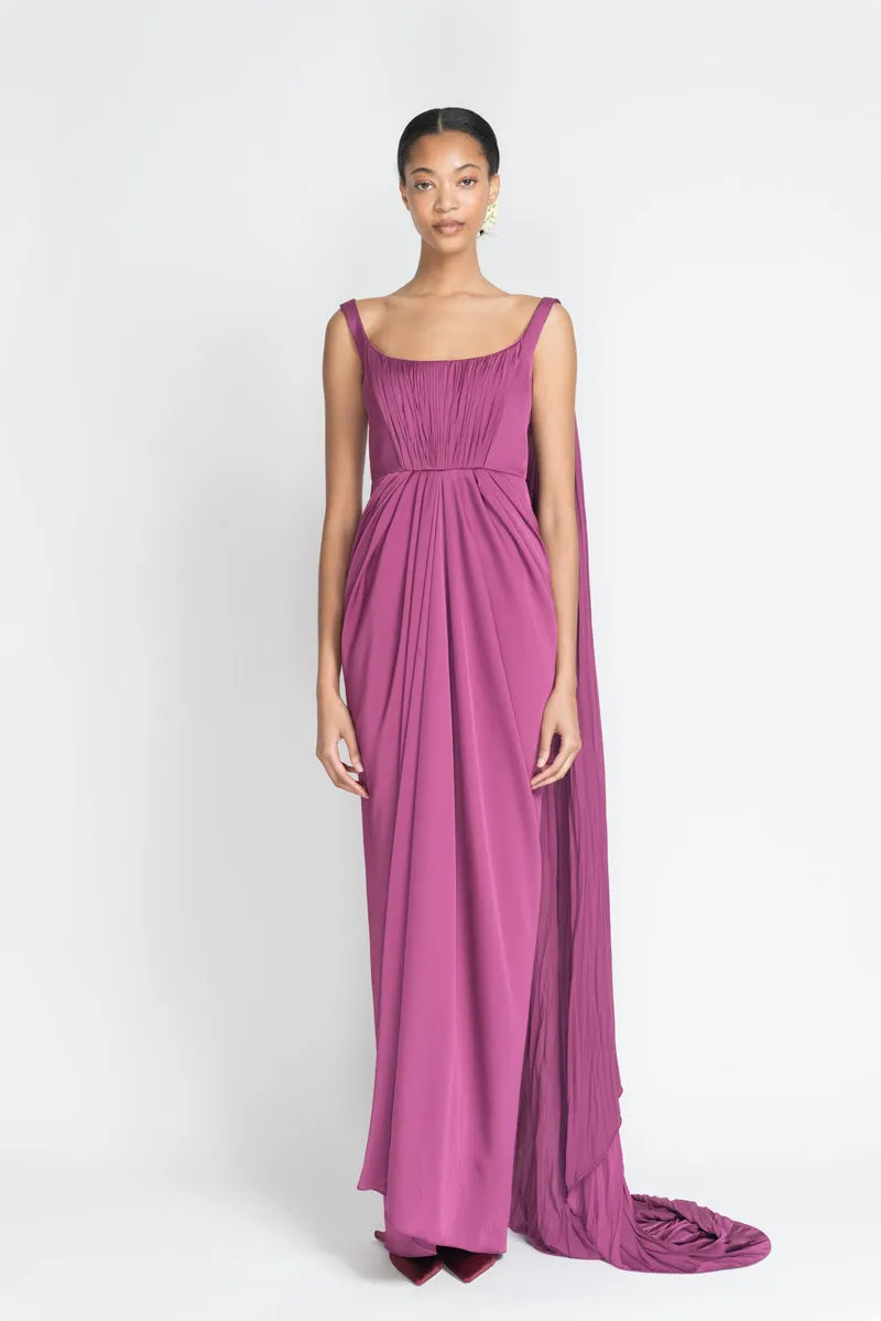 Berry Satin Crepe Sari Dress with Hand Pleated Cape