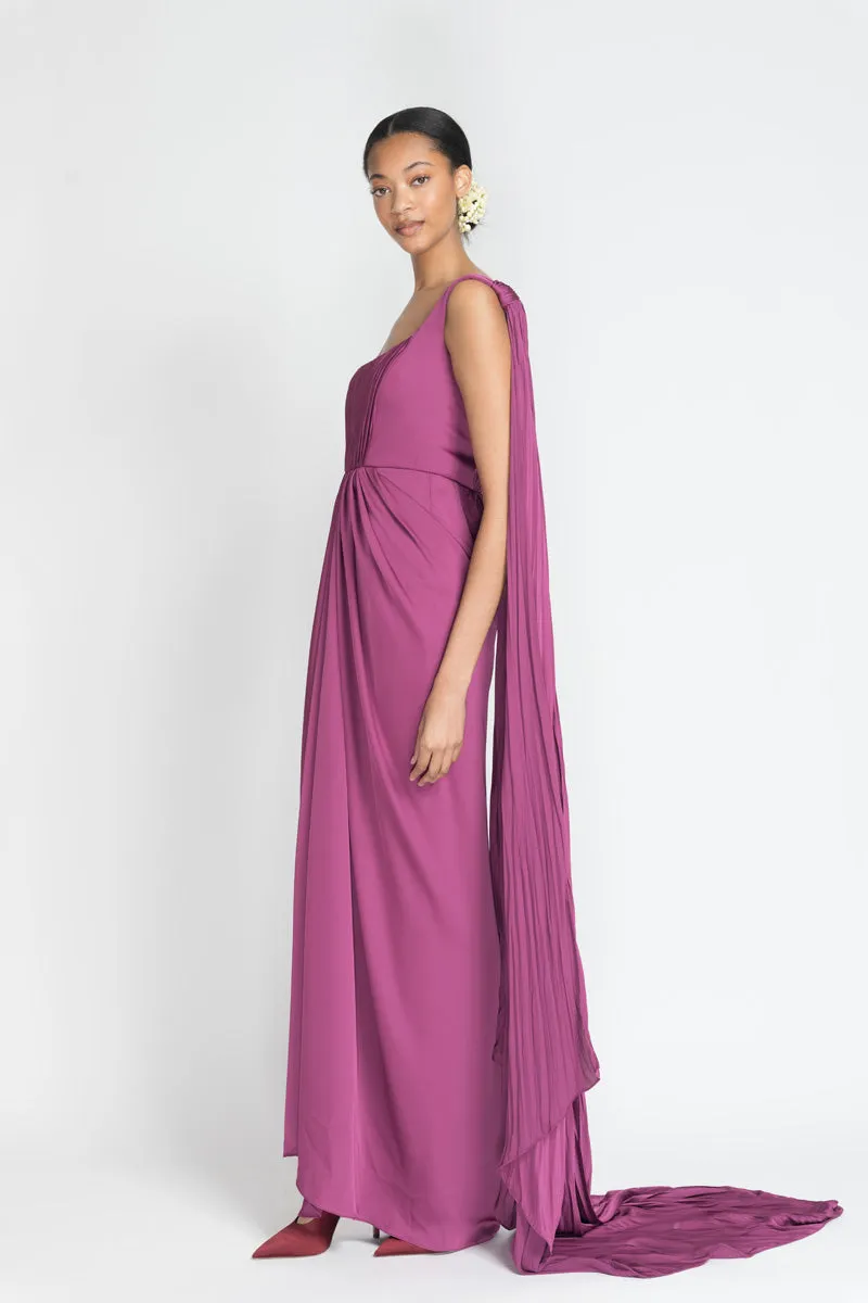 Berry Satin Crepe Sari Dress with Hand Pleated Cape
