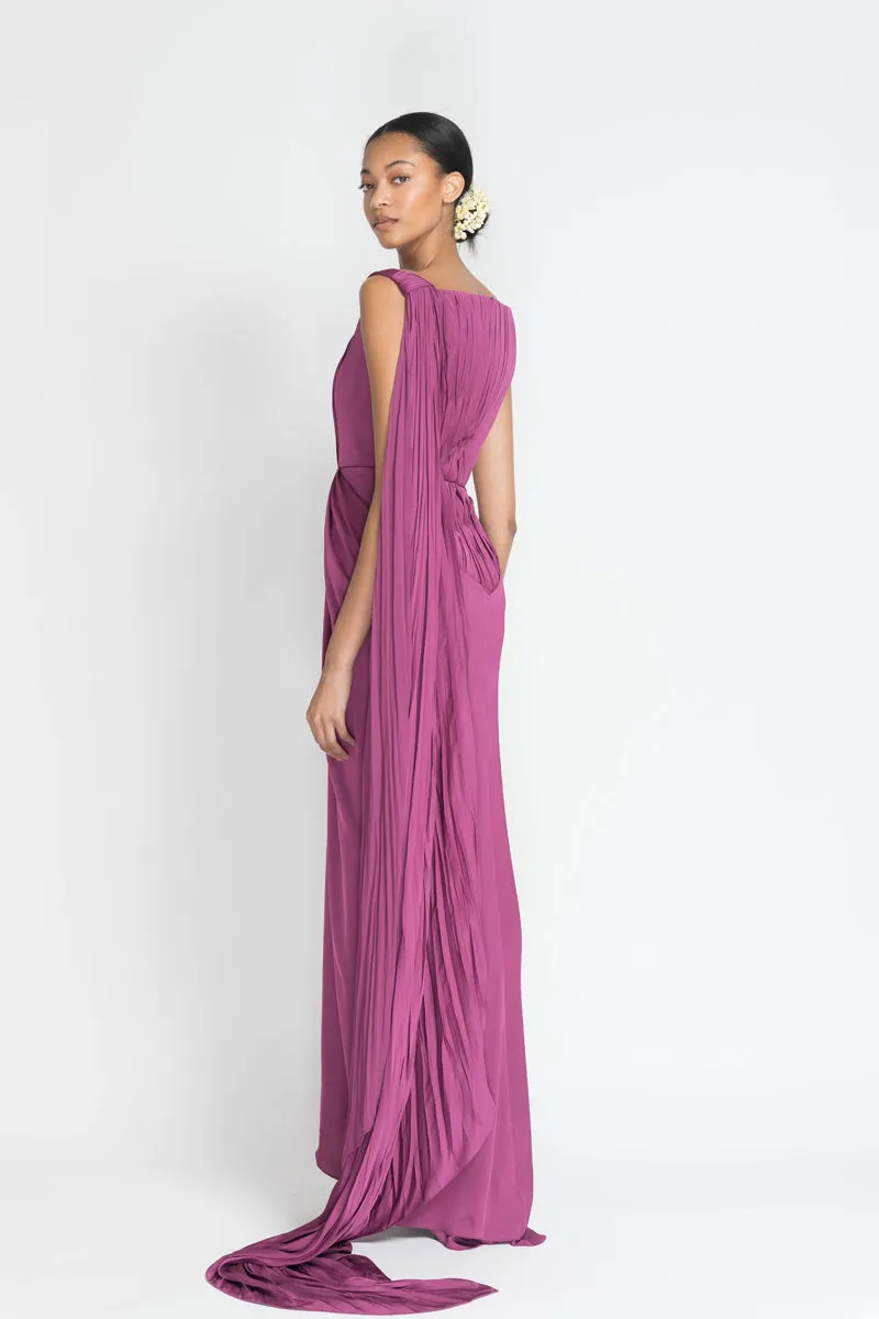 Berry Satin Crepe Sari Dress with Hand Pleated Cape