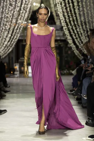Berry Satin Crepe Sari Dress with Hand Pleated Cape