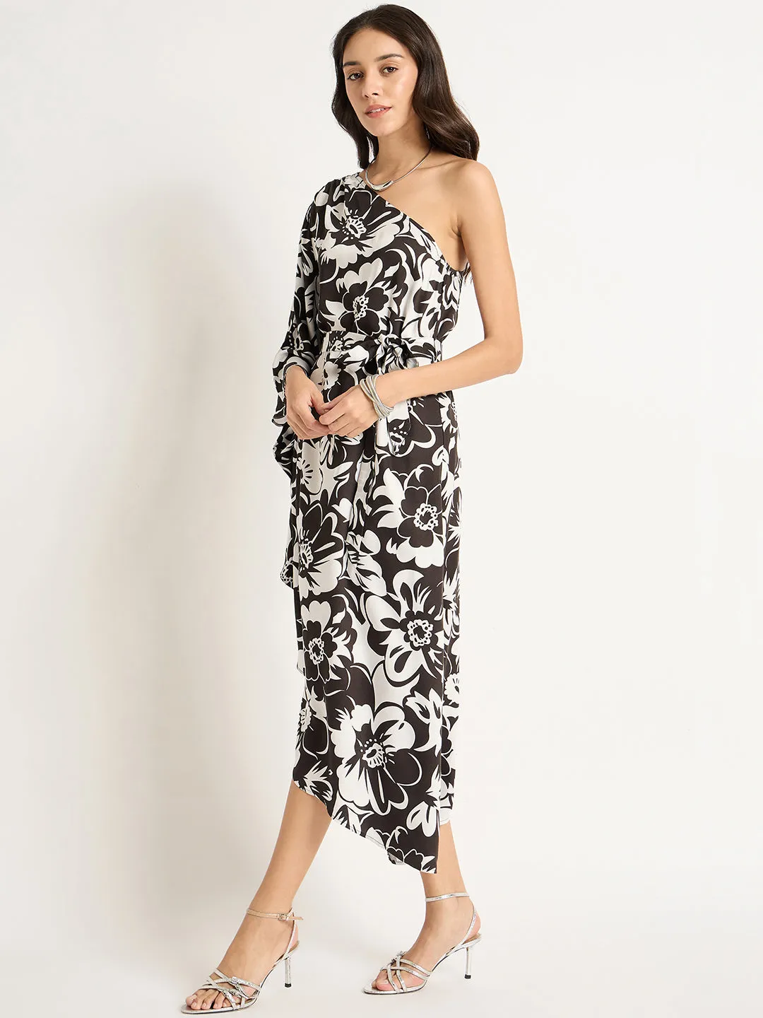 Black And White Modal Satin One Shoulder Midi Dress
