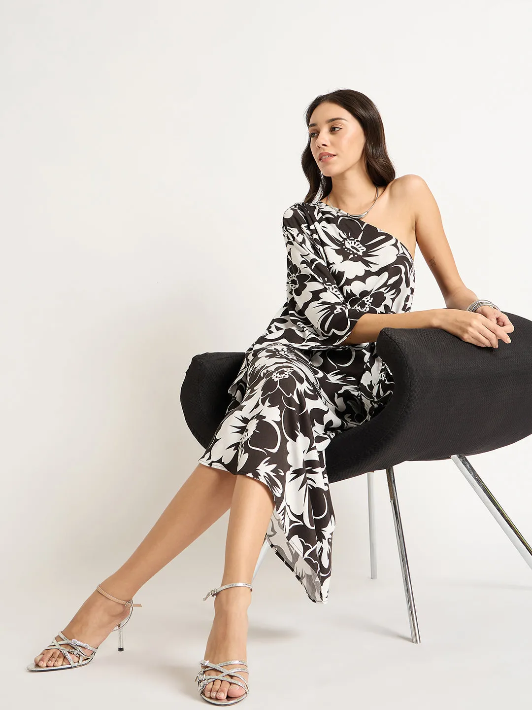 Black And White Modal Satin One Shoulder Midi Dress