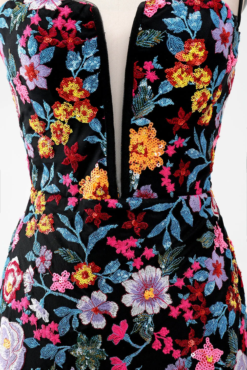 Black Flower Mermaid Spaghetti Straps Embroidered Short Homecoming Dress