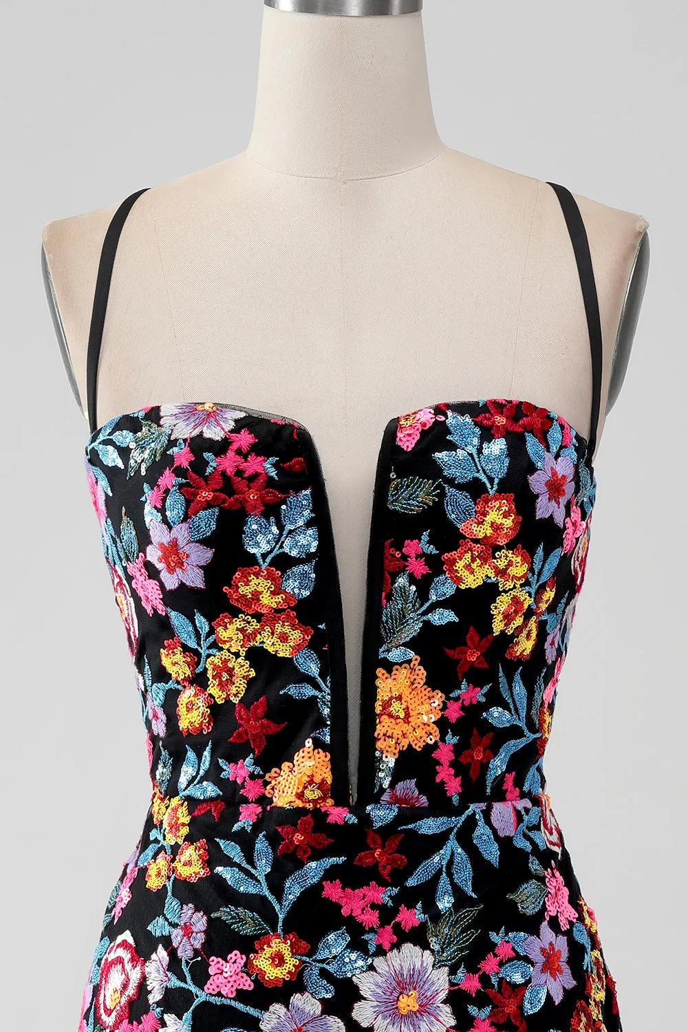 Black Flower Mermaid Spaghetti Straps Embroidered Short Homecoming Dress