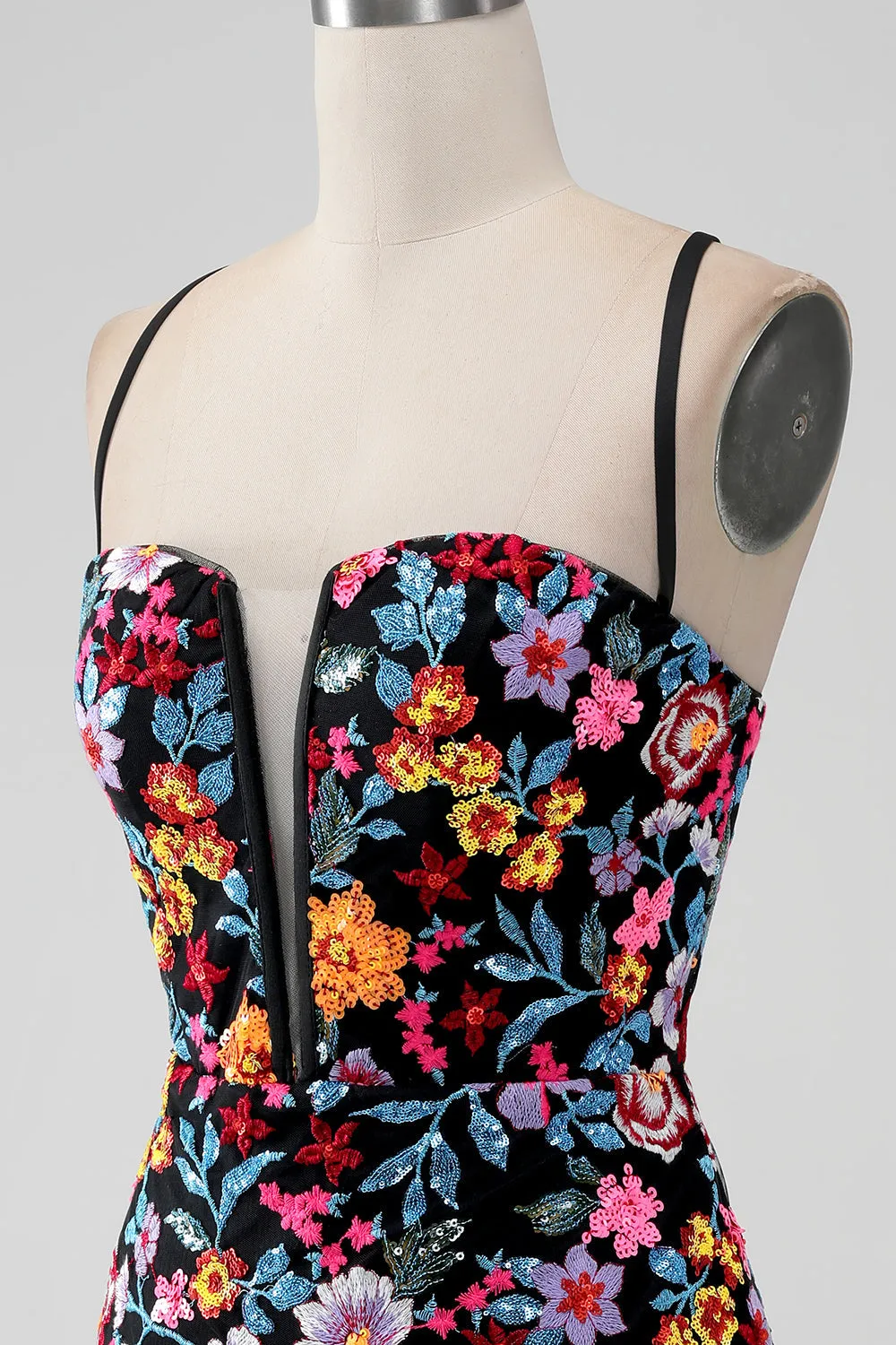 Black Flower Mermaid Spaghetti Straps Embroidered Short Homecoming Dress