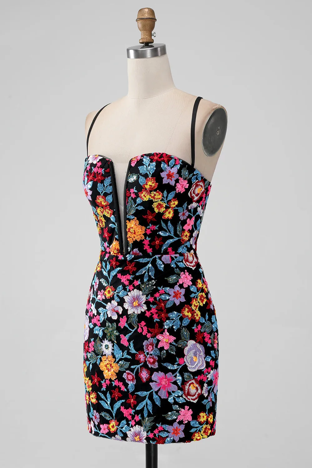 Black Flower Mermaid Spaghetti Straps Embroidered Short Homecoming Dress