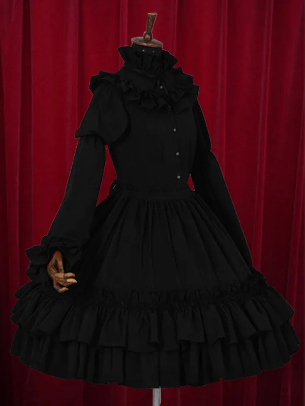Black Lolita Dress Tiered Ruffles Cotton Dress