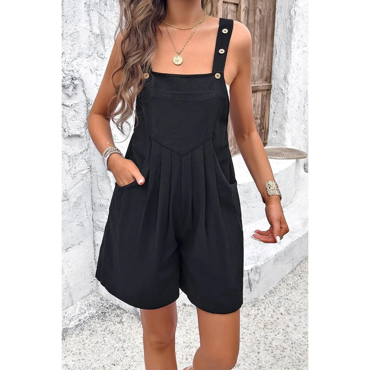 Black Square Neck Pockets Button Tirm Ruched Romper