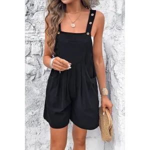 Black Square Neck Pockets Button Tirm Ruched Romper