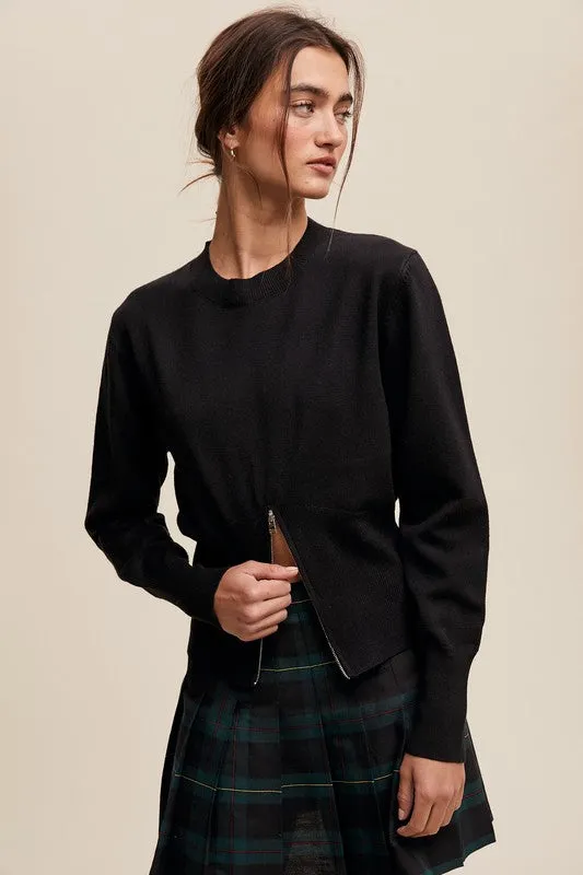 Black Sweater Zip-Up Sinched Waist