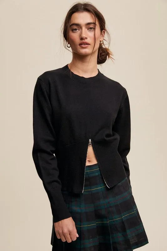 Black Sweater Zip-Up Sinched Waist