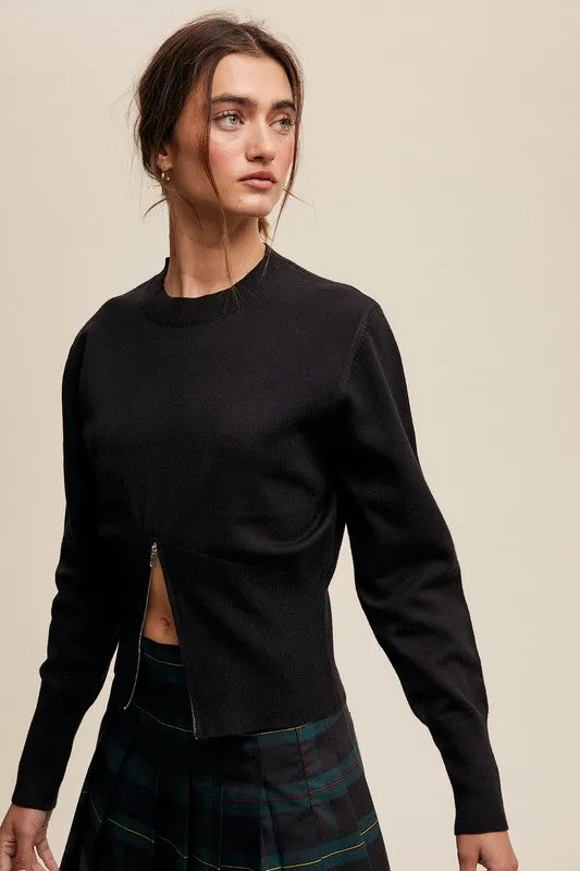 Black Sweater Zip-Up Sinched Waist
