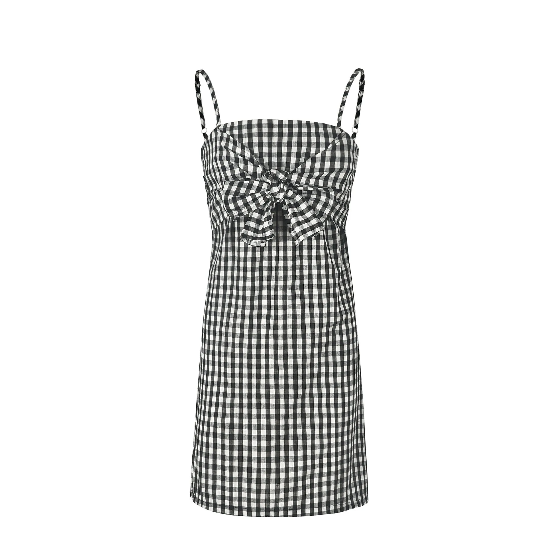 Black White Plaid Bow Backless A-line Dress