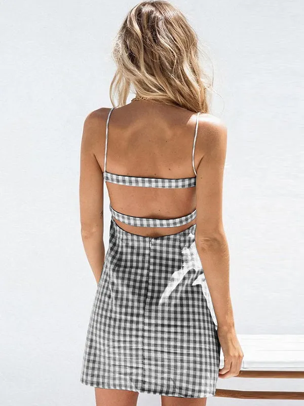 Black White Plaid Bow Backless A-line Dress