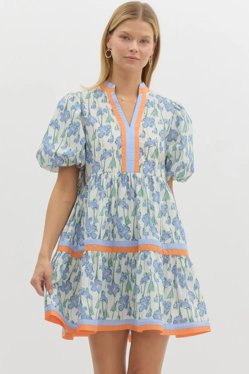 Blue And Orange Floral Print Bubble Sleeve Dress