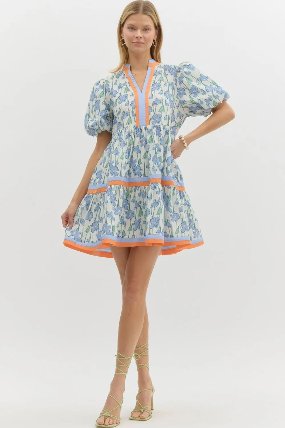 Blue And Orange Floral Print Bubble Sleeve Dress