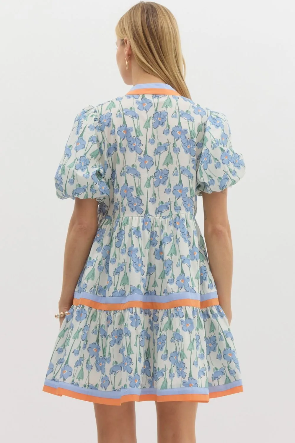 Blue And Orange Floral Print Bubble Sleeve Dress