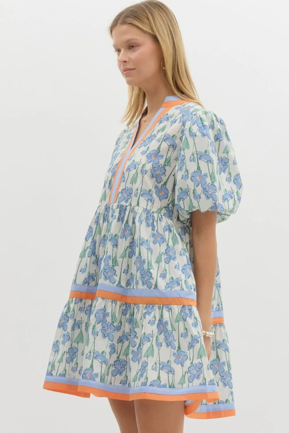 Blue And Orange Floral Print Bubble Sleeve Dress
