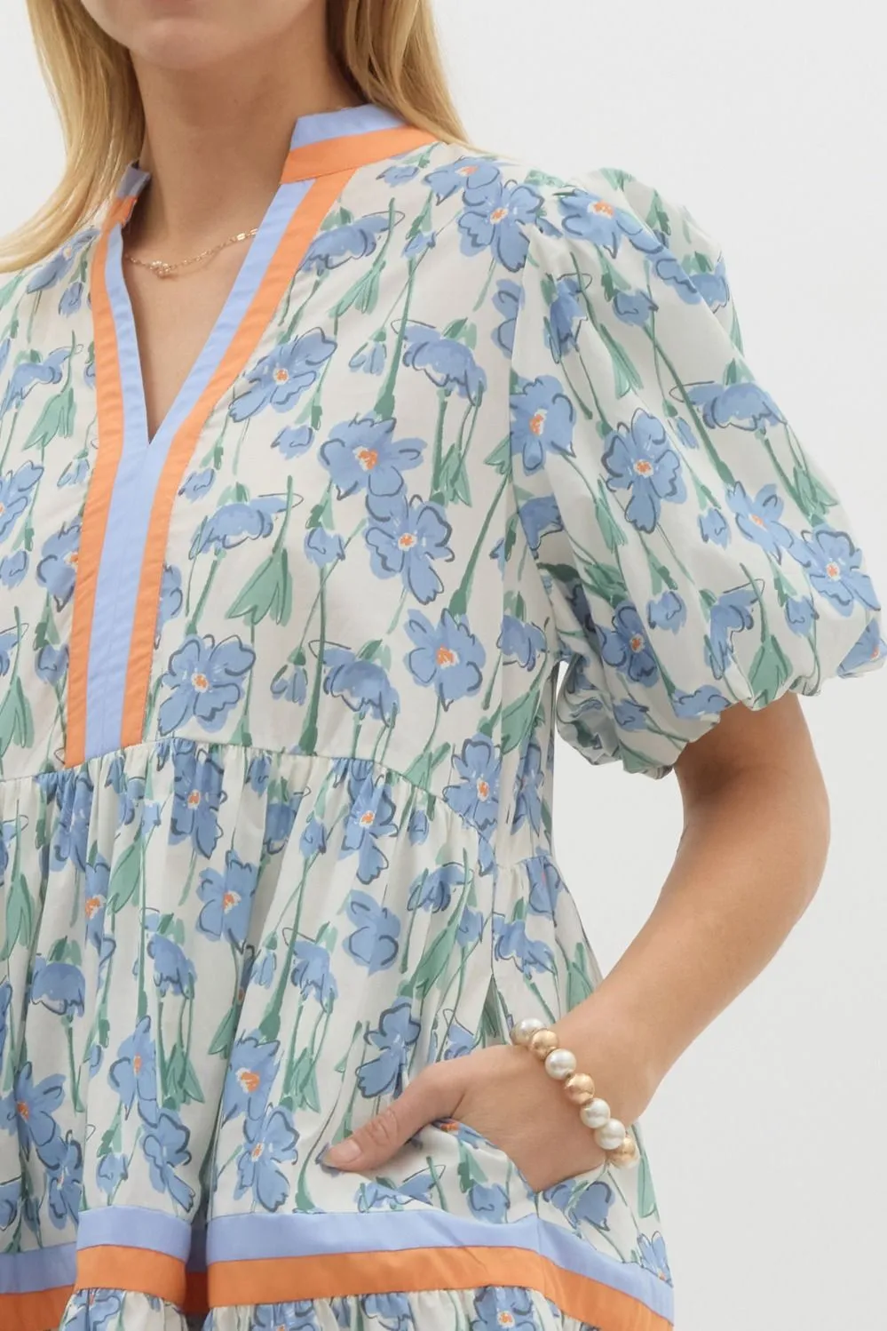 Blue And Orange Floral Print Bubble Sleeve Dress
